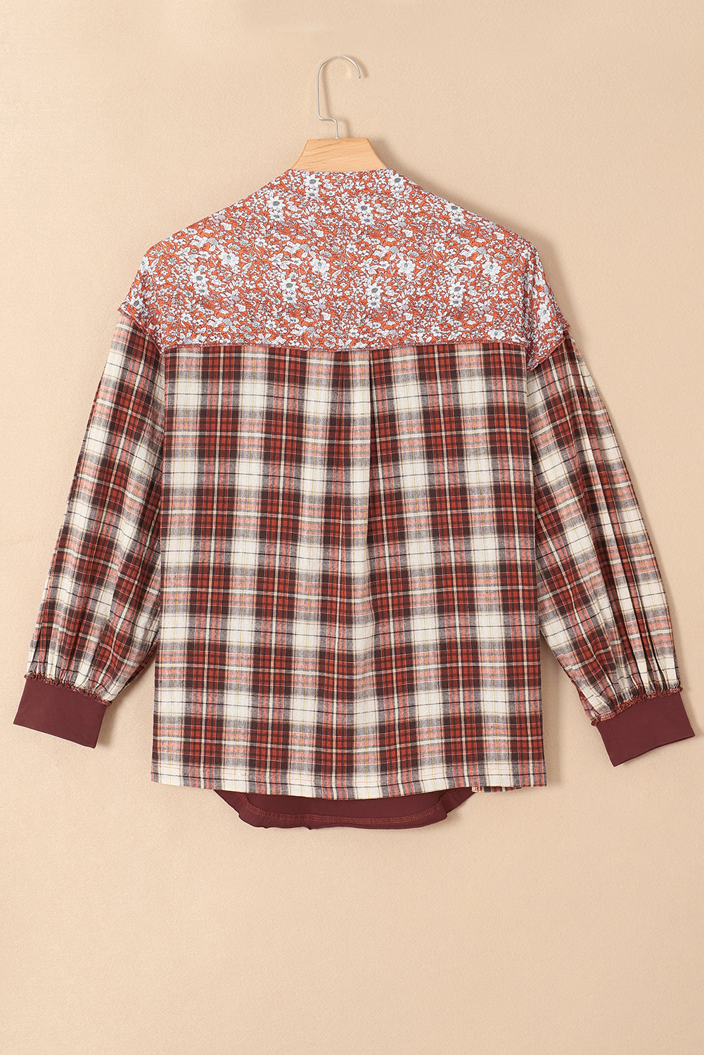 Fiery Red Floral Plaid Mixed Print Bishop Sleeve Patchwork Top