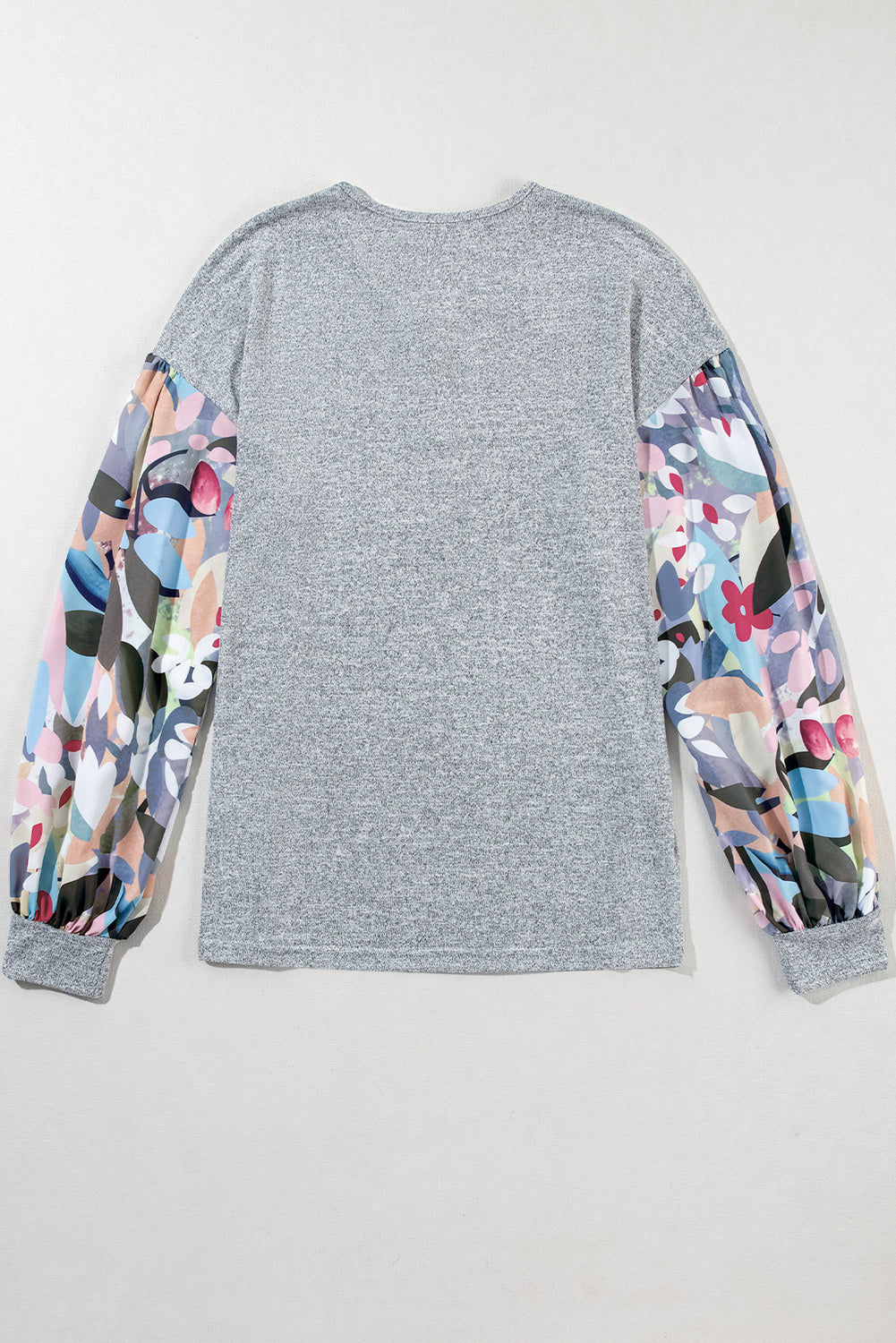 Gray Floral Lantern Sleeve Patchwork Buttoned V Neck Top