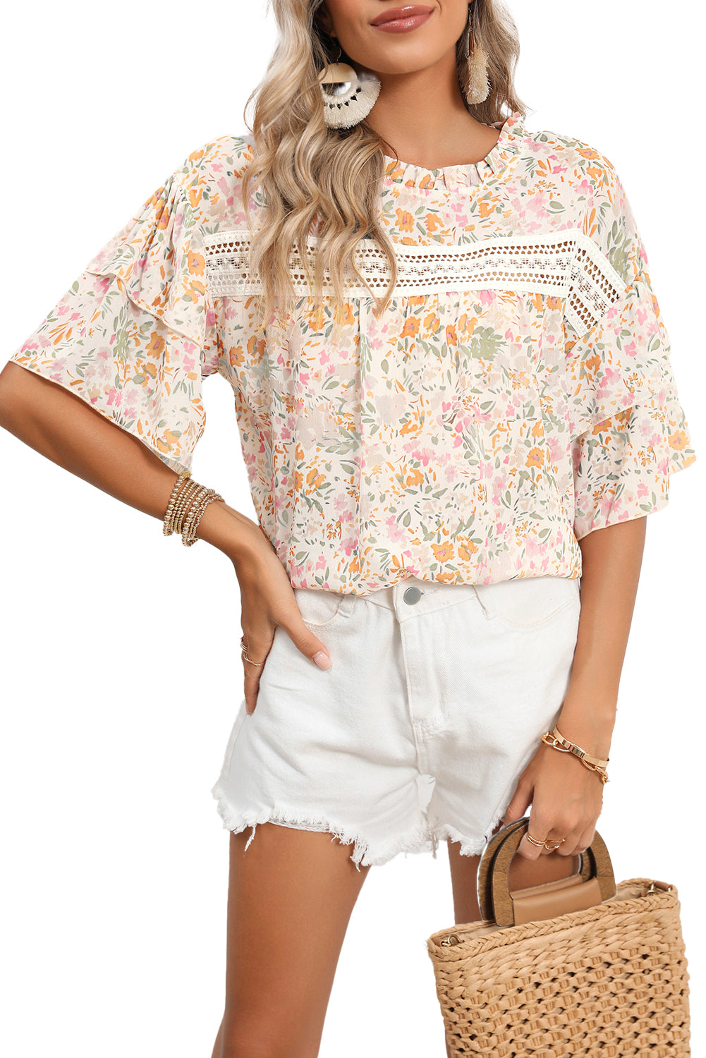 Multicolor Floral Print Wide Batwing Sleeves Blouse