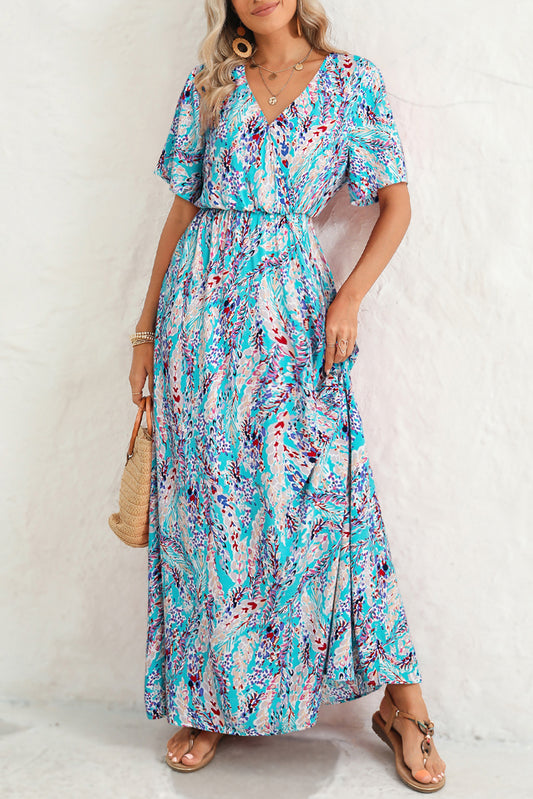 Abstract Print Wrap V Neck Flutter Sleeve Mid Length Summer Dress