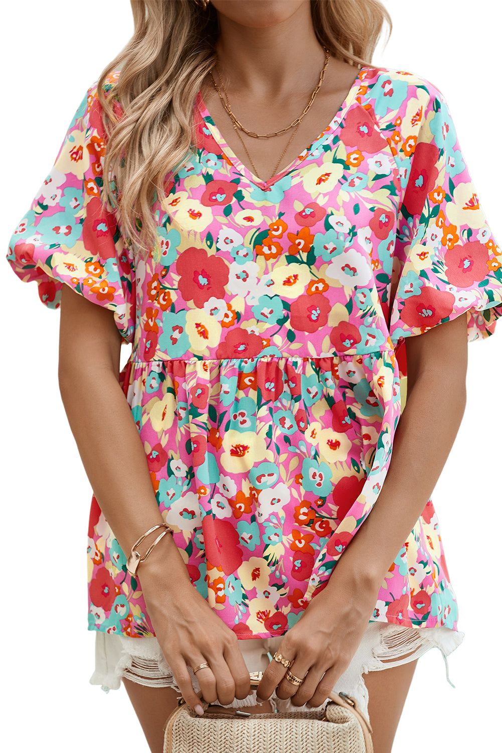 Multicolour Boho Floral Short Puff Sleeve Babydoll Blouse