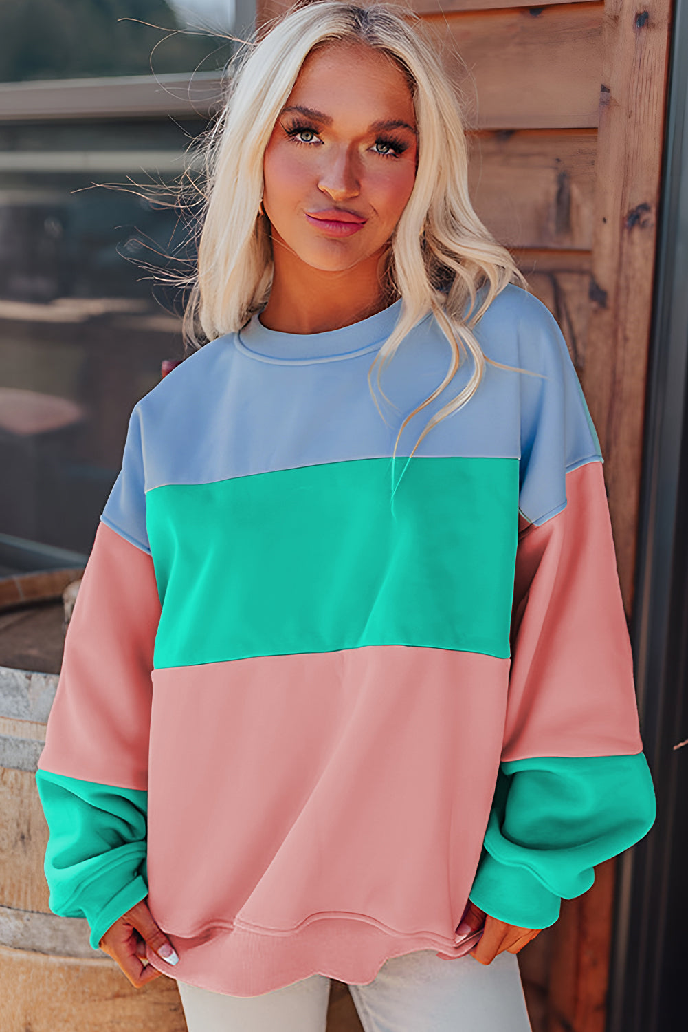 Blossom Colorblock Patchwork Drop Shoulder Sweatshirt