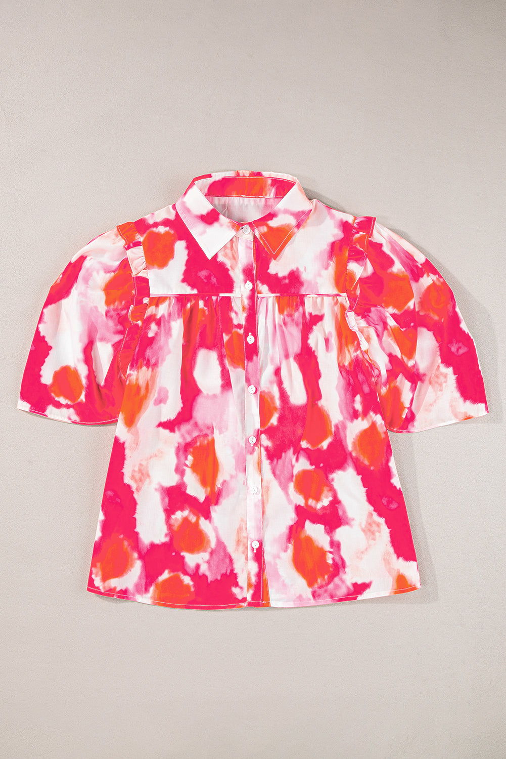 Multicolour Tie Dye Abstract Print Ruffle Puff Sleeve Pleated Blouse