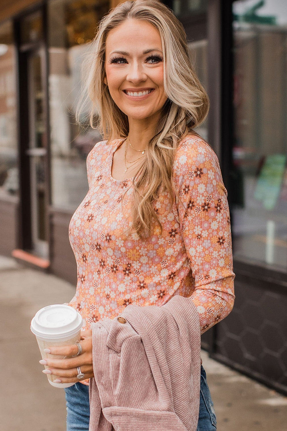 Orange Boho 60s Floral Round Neck Knit Long Sleeve Top