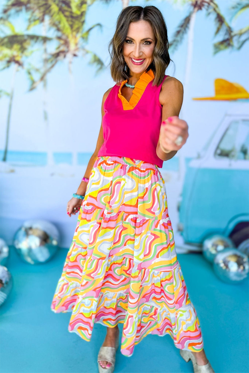 Pink Bohemian Abstract Print Tiered Maxi Skirt