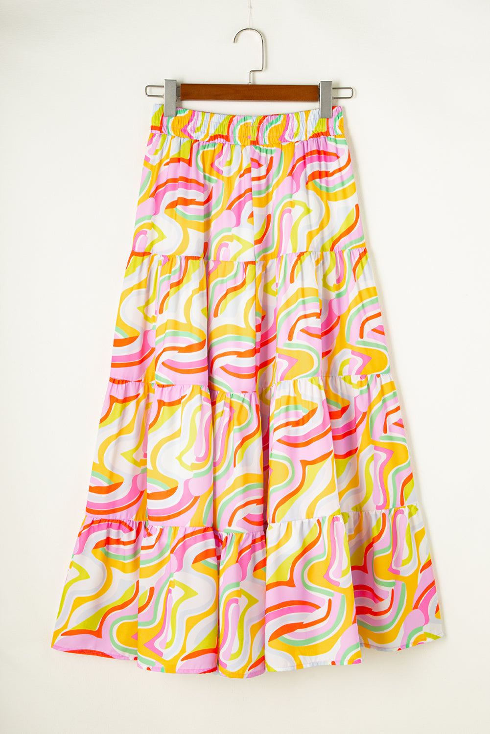 Pink Bohemian Abstract Print Tiered Maxi Skirt