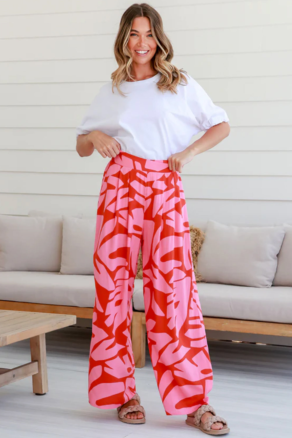 Strawberry Pink Abstract Print Ruffle Hem Tee and Wide Leg Pants Set