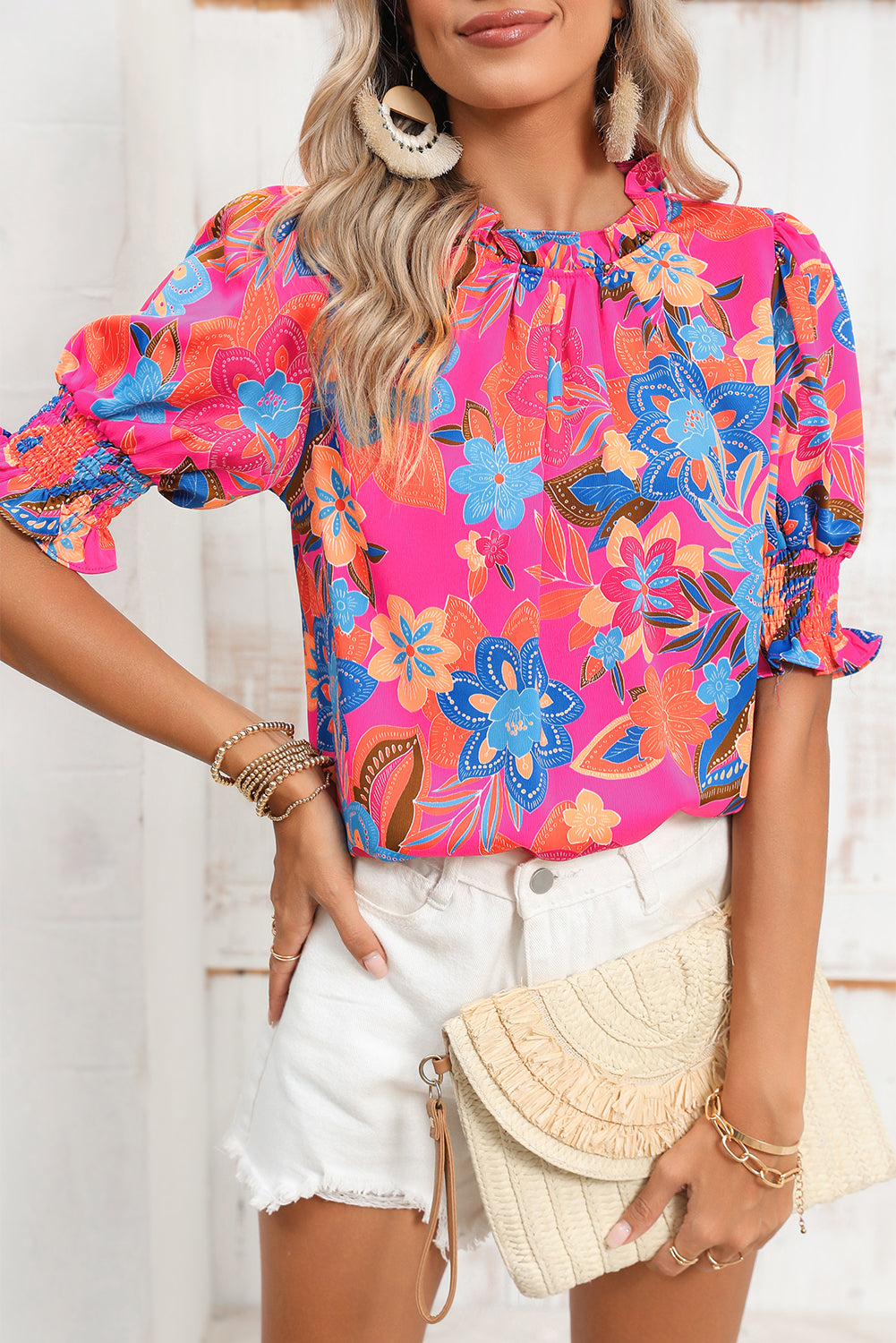 Rose Frill Neck Puff Sleeve Boho Floral Blouse