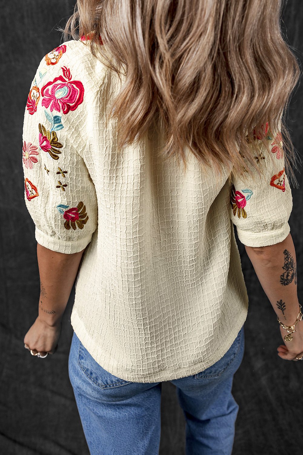 White Floral Embroidered Ricrac Puff Sleeve Textured Blouse