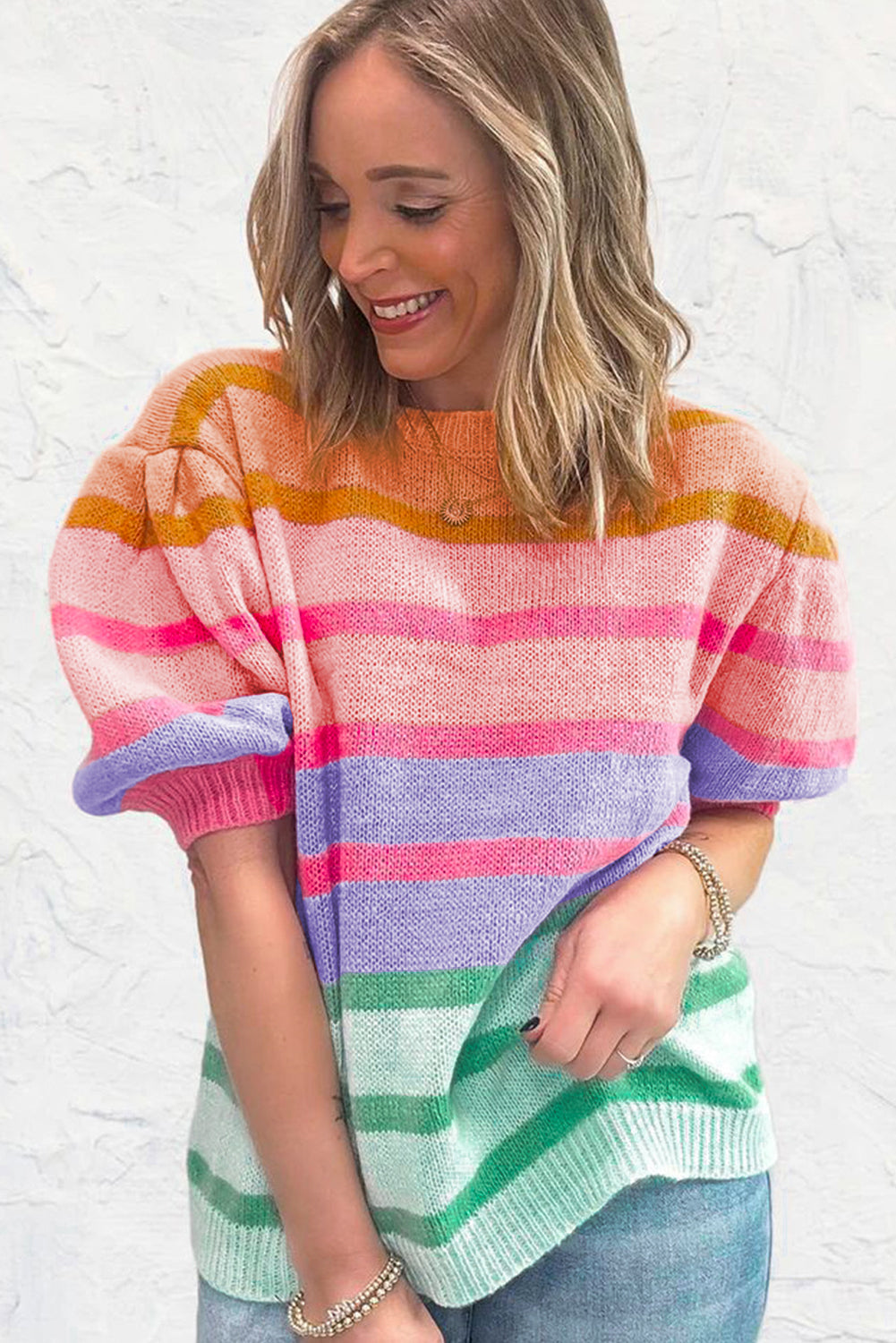 Rose Red Colorful Stripe Bubble Short Sleeve Sweater