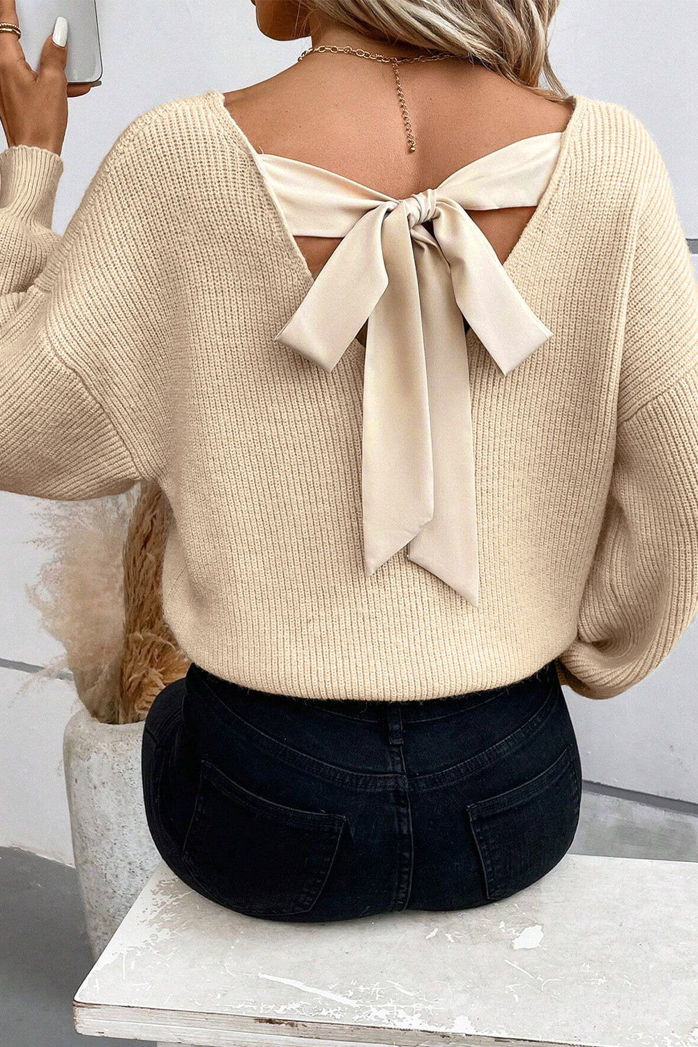 Apricot Lantern Sleeve V Neck Knot Back Sweater