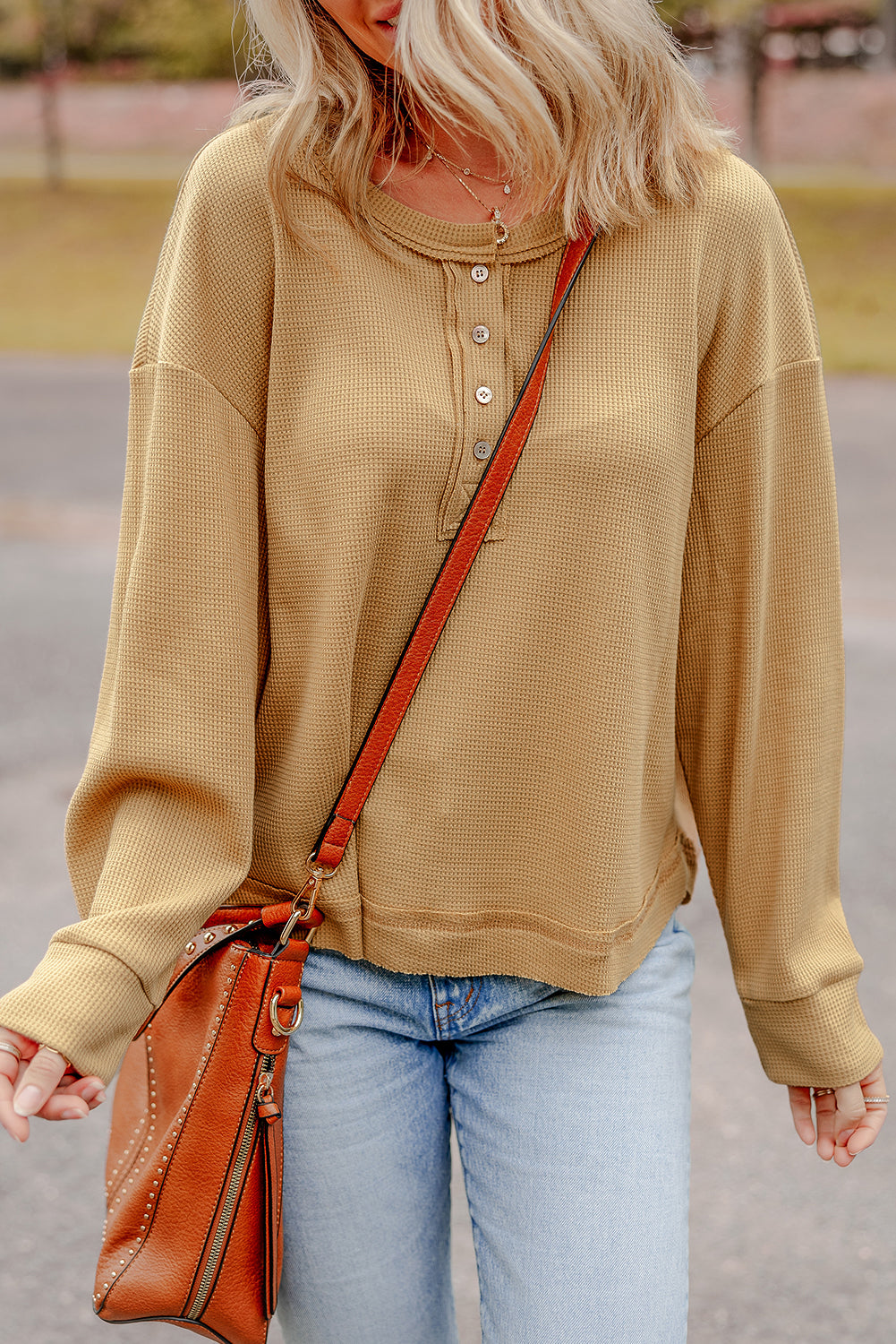 Camel Textured Knit Half Button Drop Shoulder Oversized Top