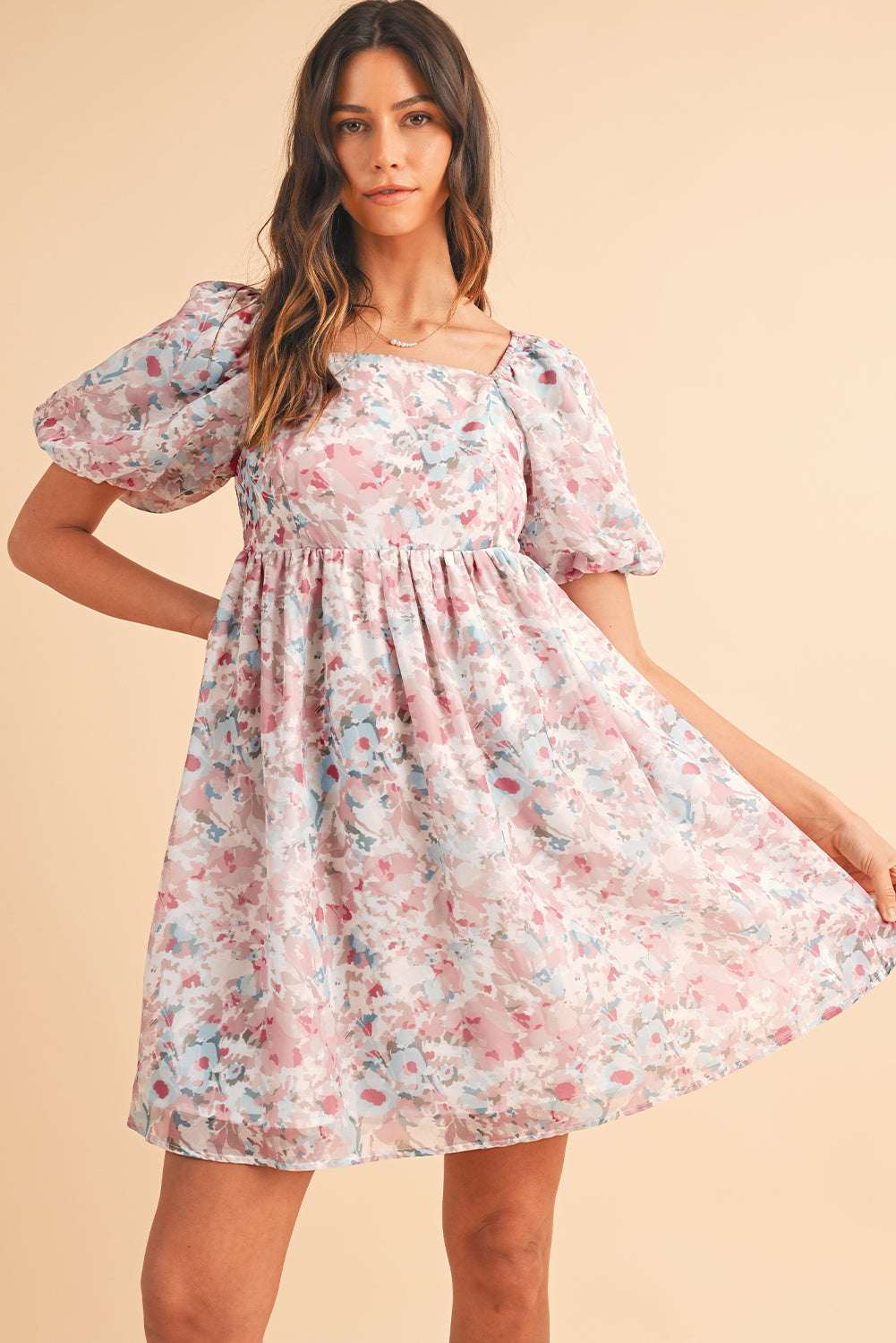 Pink Floral Lantern Sleeve Square Neck Ruffled Mini Dress