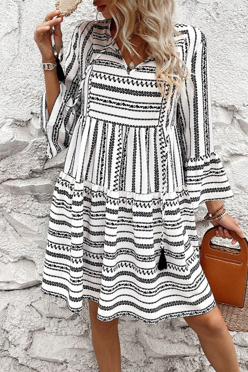 Black Striped Fringe Tie Neck Bell Sleeve V Neck Mini Dress