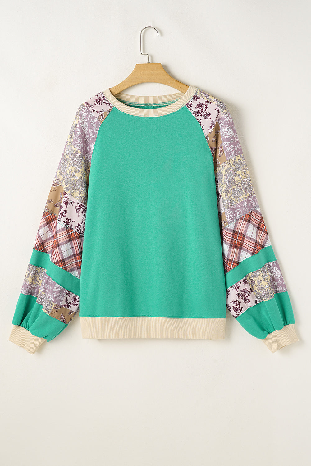 Sky Blue Plus Size Plaid Floral Patchwork Raglan Sleeve Sweatshirt