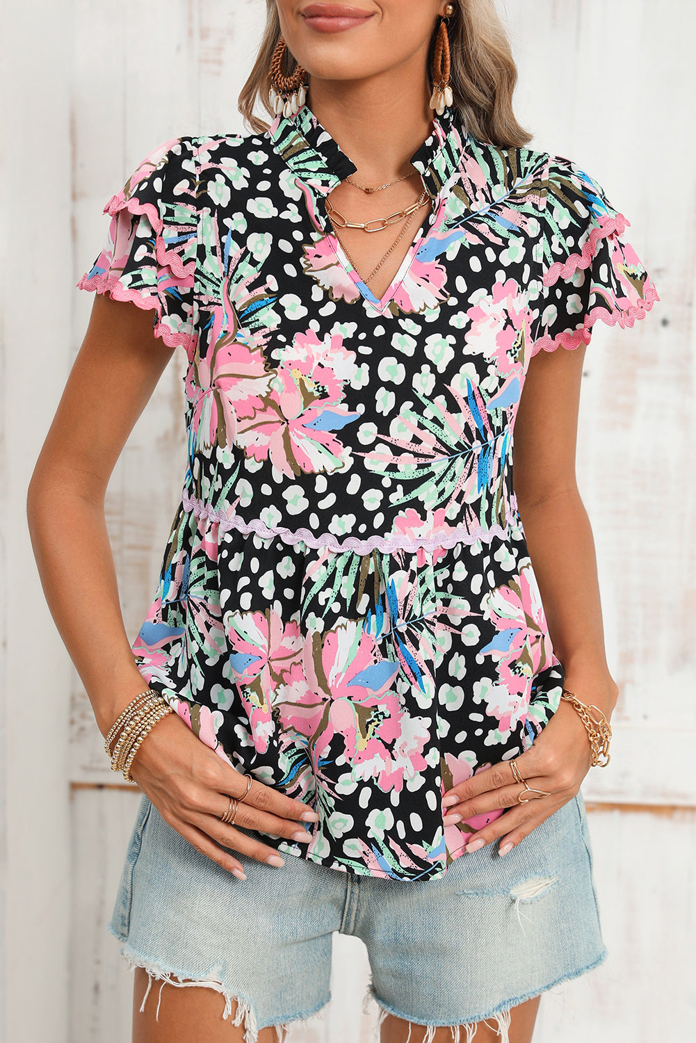 Pink Boho Floral Print Ricrac Splicing Short Sleeve Blouse