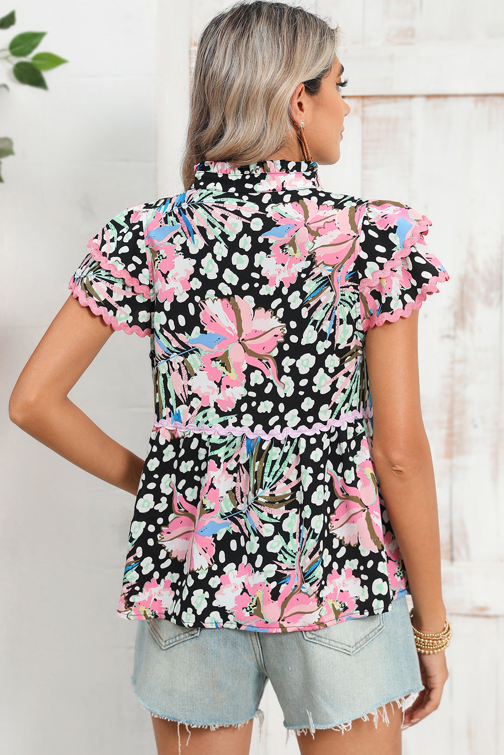 Pink Boho Floral Print Ricrac Splicing Short Sleeve Blouse