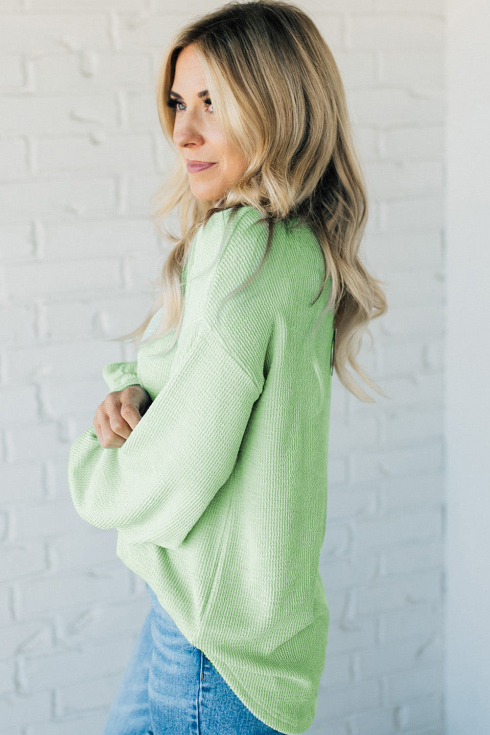 Moonlight Jade Solid Cord Ribbed Drop Shoulder Pullover Top