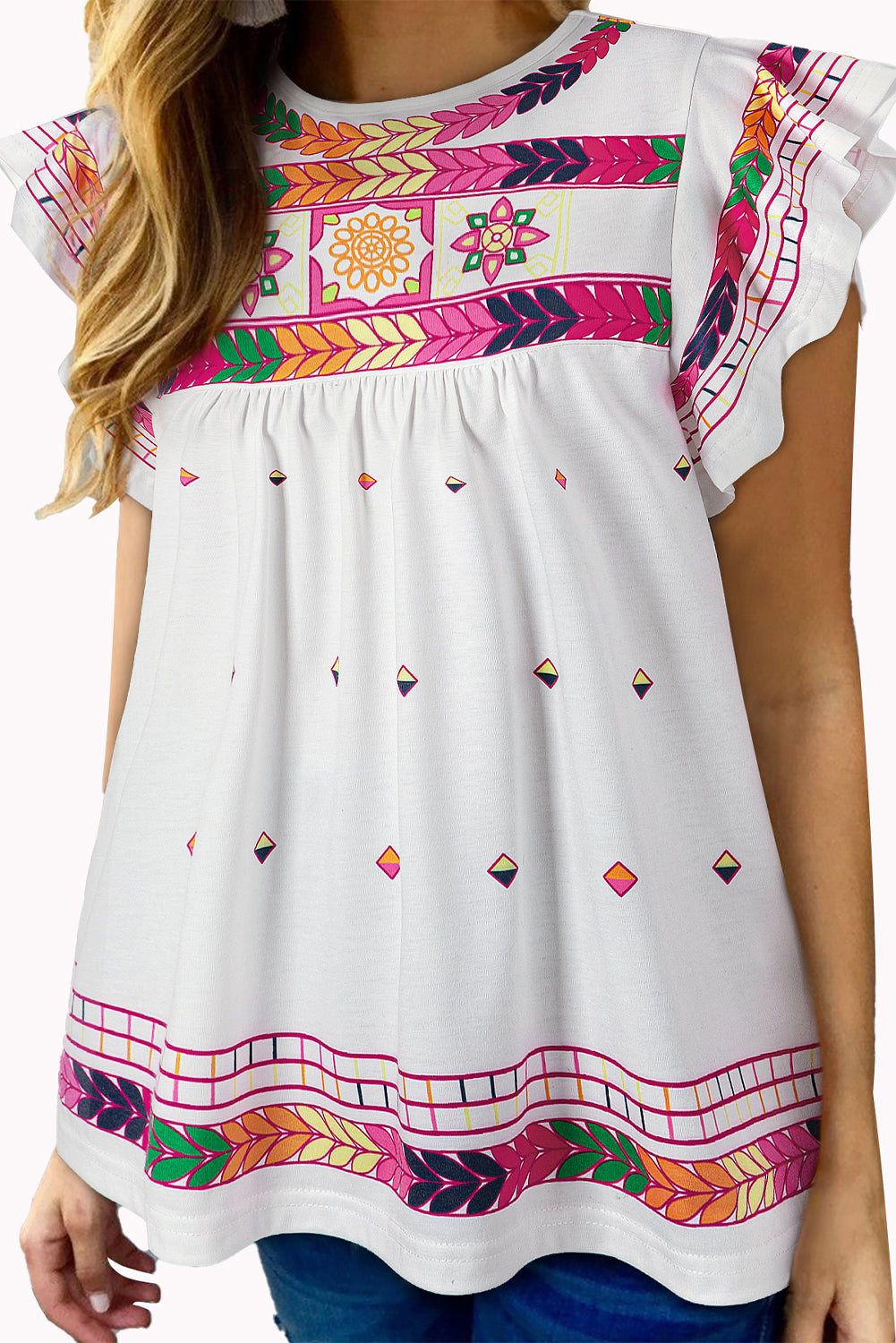 White Abstract Print Ruffle Boho Babydoll Sleeveless Top