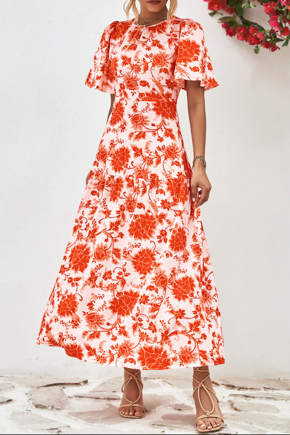 Orange Floral Print Knotted Back Round Neck Maxi Dress