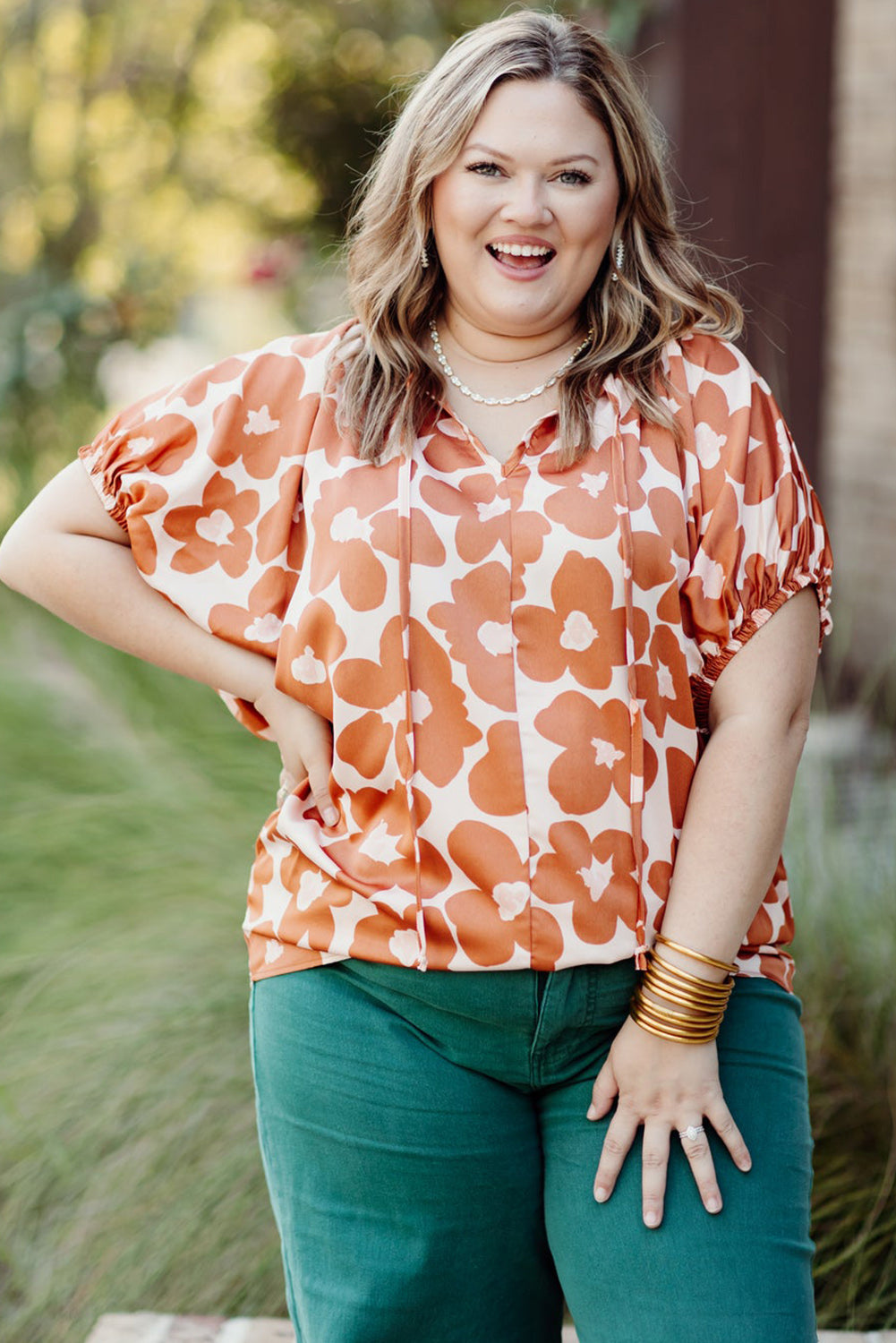 Orange Plus Size 60s Floral Print Drawstring V Neck Short Sleeve Blouse