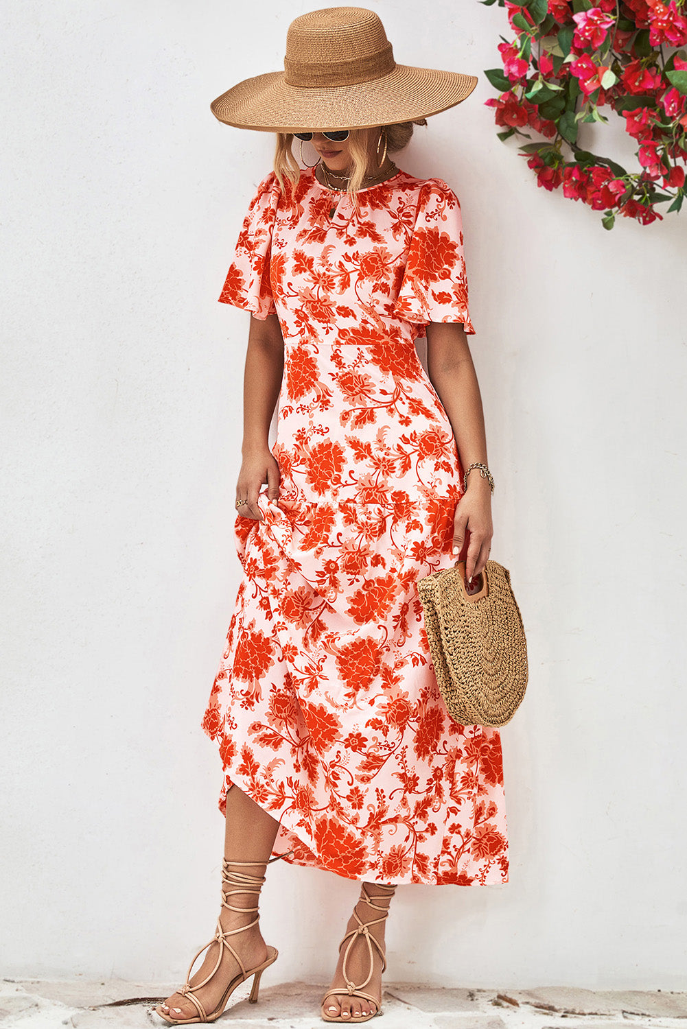 Orange Floral Print Knotted Back Round Neck Maxi Dress