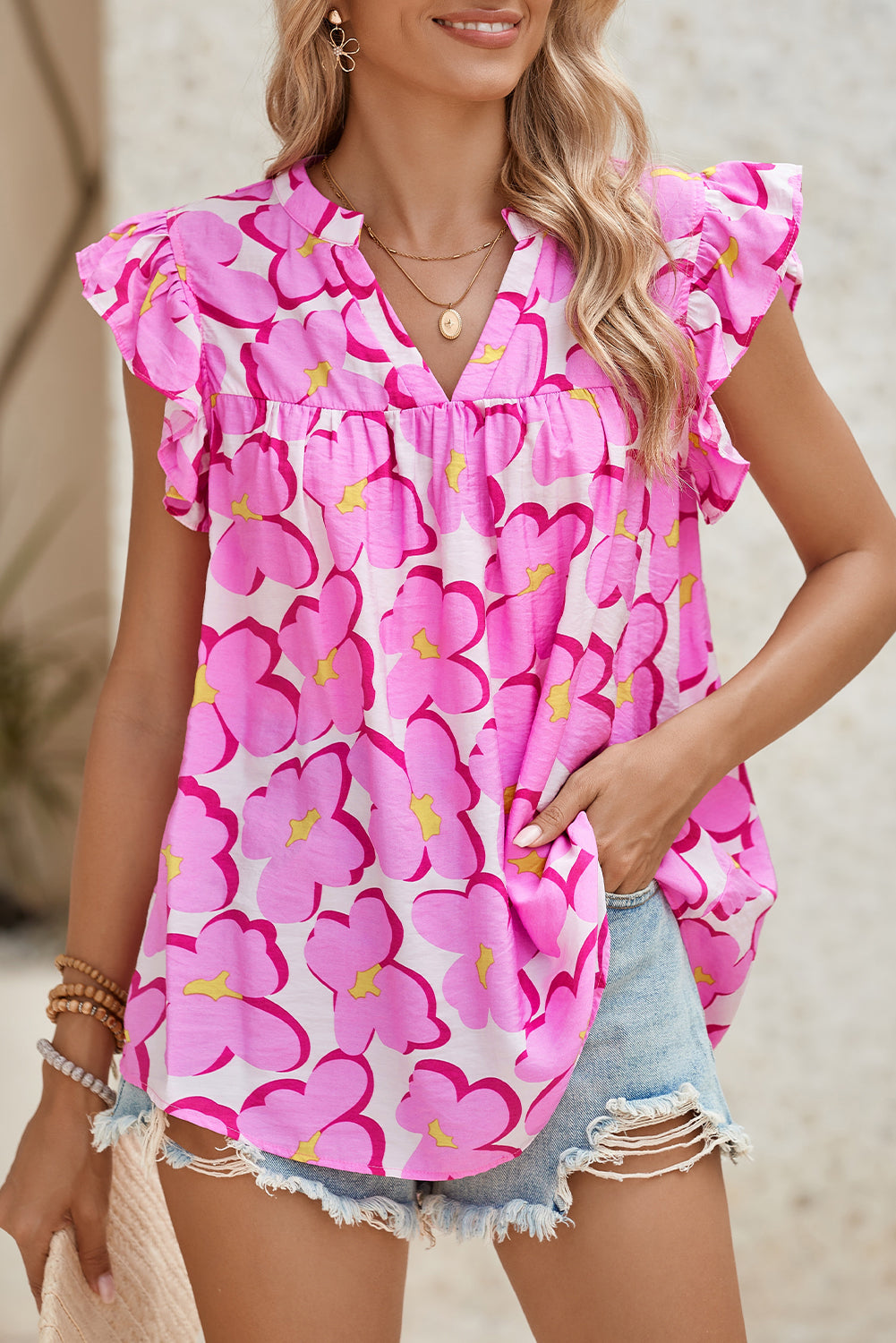 Rose Floral Print Frill V-Neck Pleated Ruffle Blouse