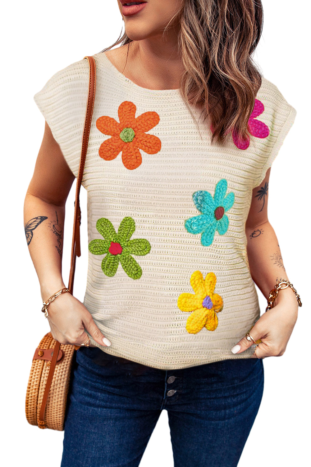 White Colorful Flower Crochet Knitted Top