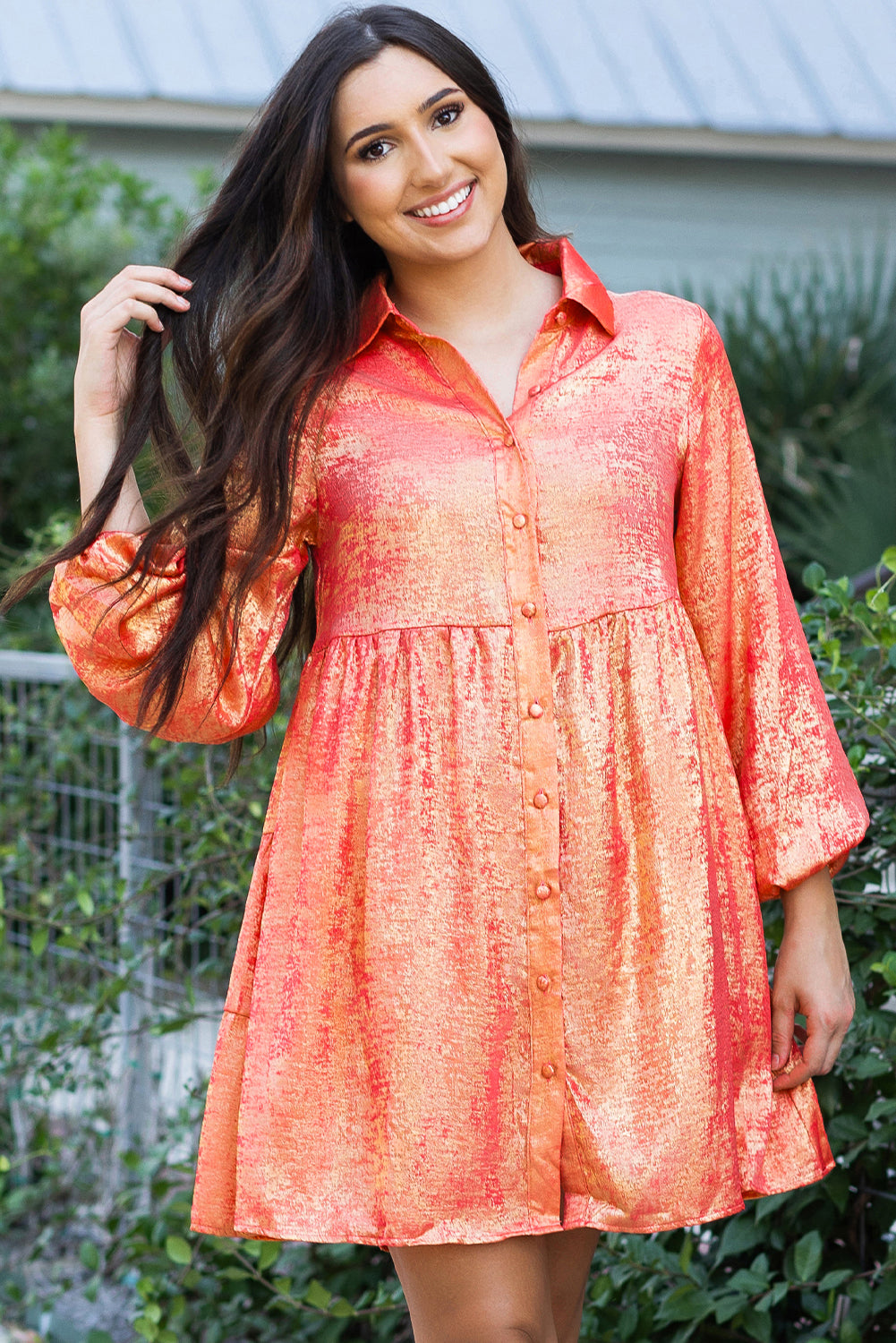 Peach Blossom Metallic Sheen Puff Sleeve Button Up Mini Shirt Dress