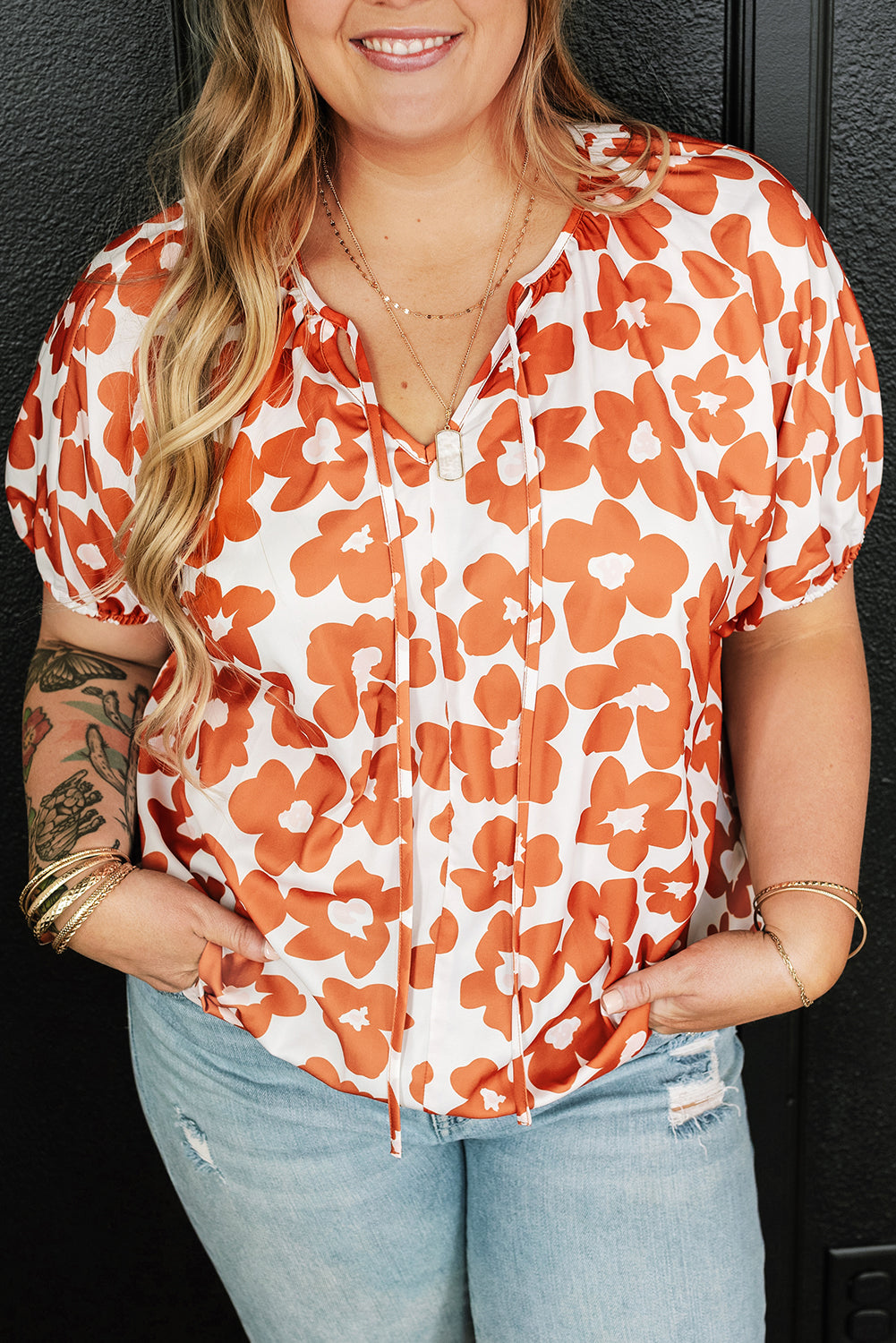 Orange Plus Size 60s Floral Print Drawstring V Neck Short Sleeve Blouse