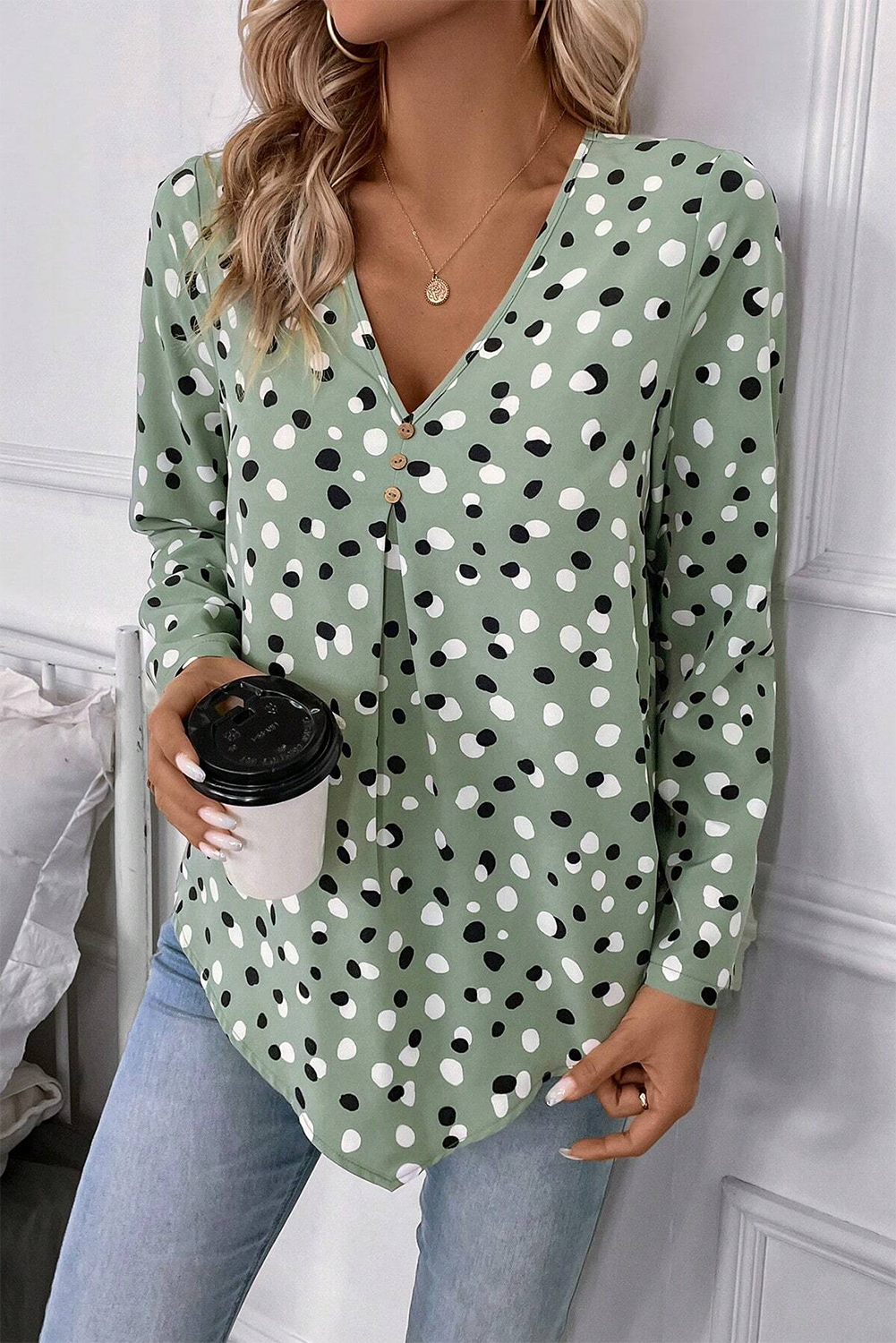 White Dotted Print V Neck Long Sleeve Blouse