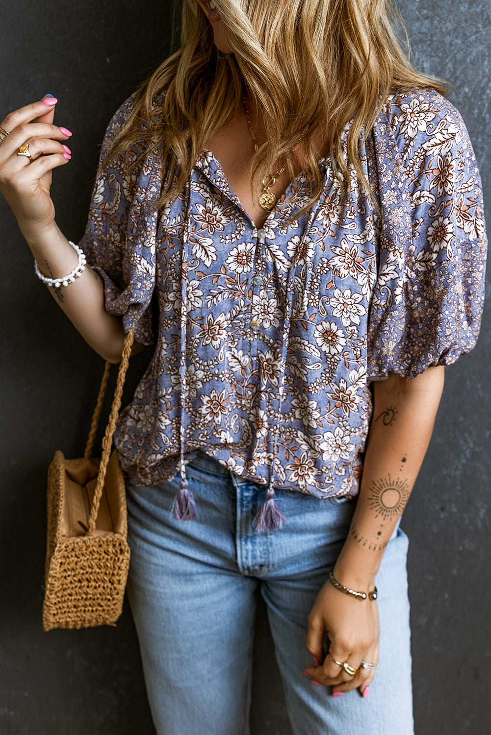 Purple Boho Floral Tassel Tie Split Neck Bubble Sleeve Blouse