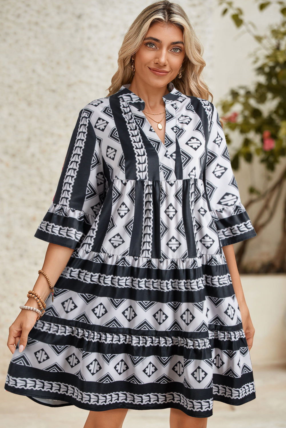 Blue Abstract Print Bell Sleeve V Neck Boho Tiered Dress