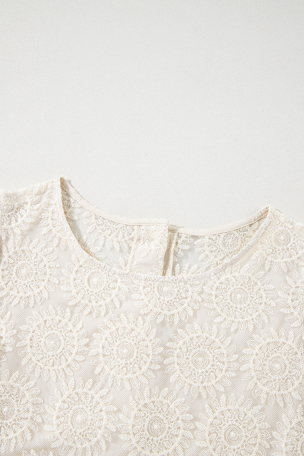 Oatmeal Flower Jacquard Button Back Ruffle 3/4 Sleeve Blouse