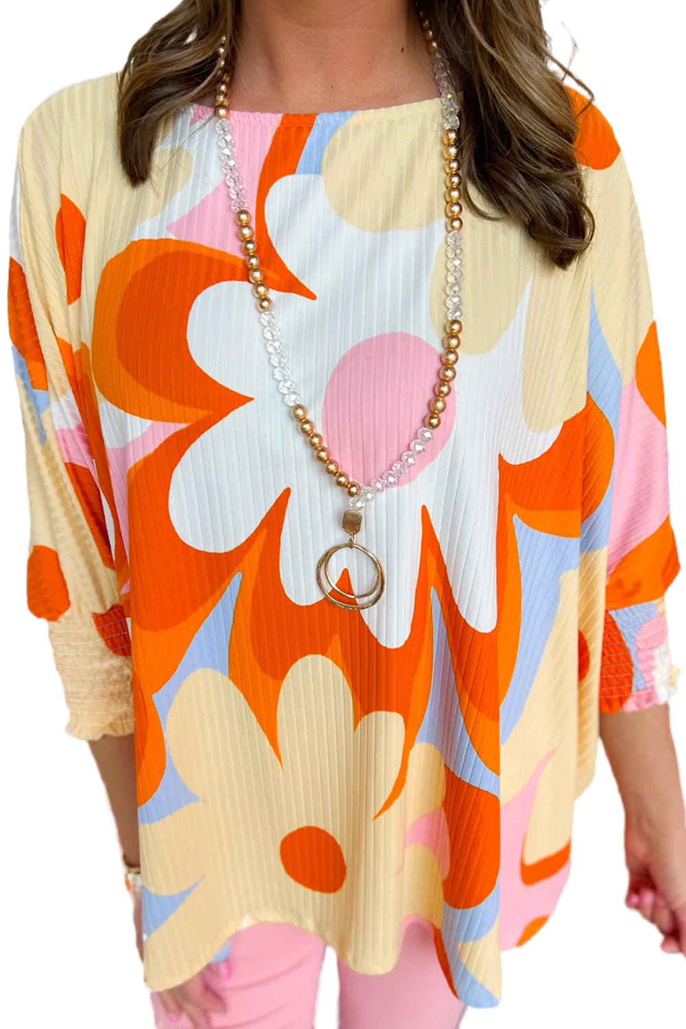 Yellow Ribbed Floral Printed Shirred 3/4 Sleeve Blouse