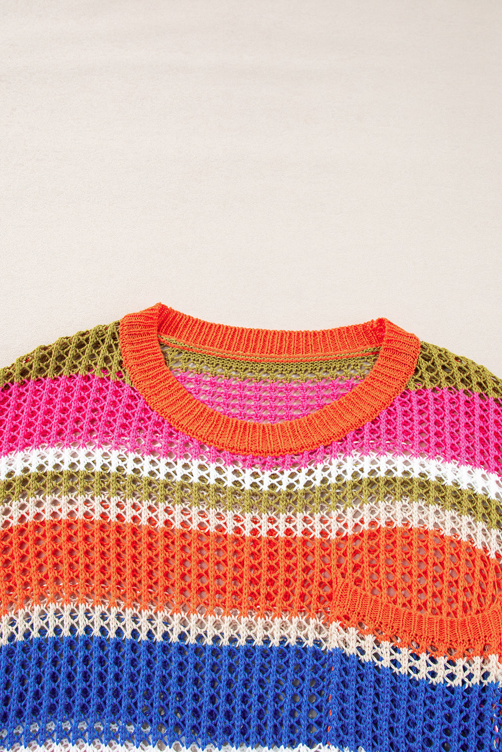 Orange Striped Color Block Hollow Crochet 3/4 Sleeve T Shirt