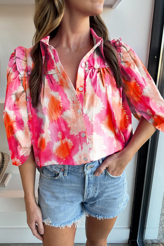 Multicolour Tie Dye Abstract Print Ruffle Puff Sleeve Pleated Blouse