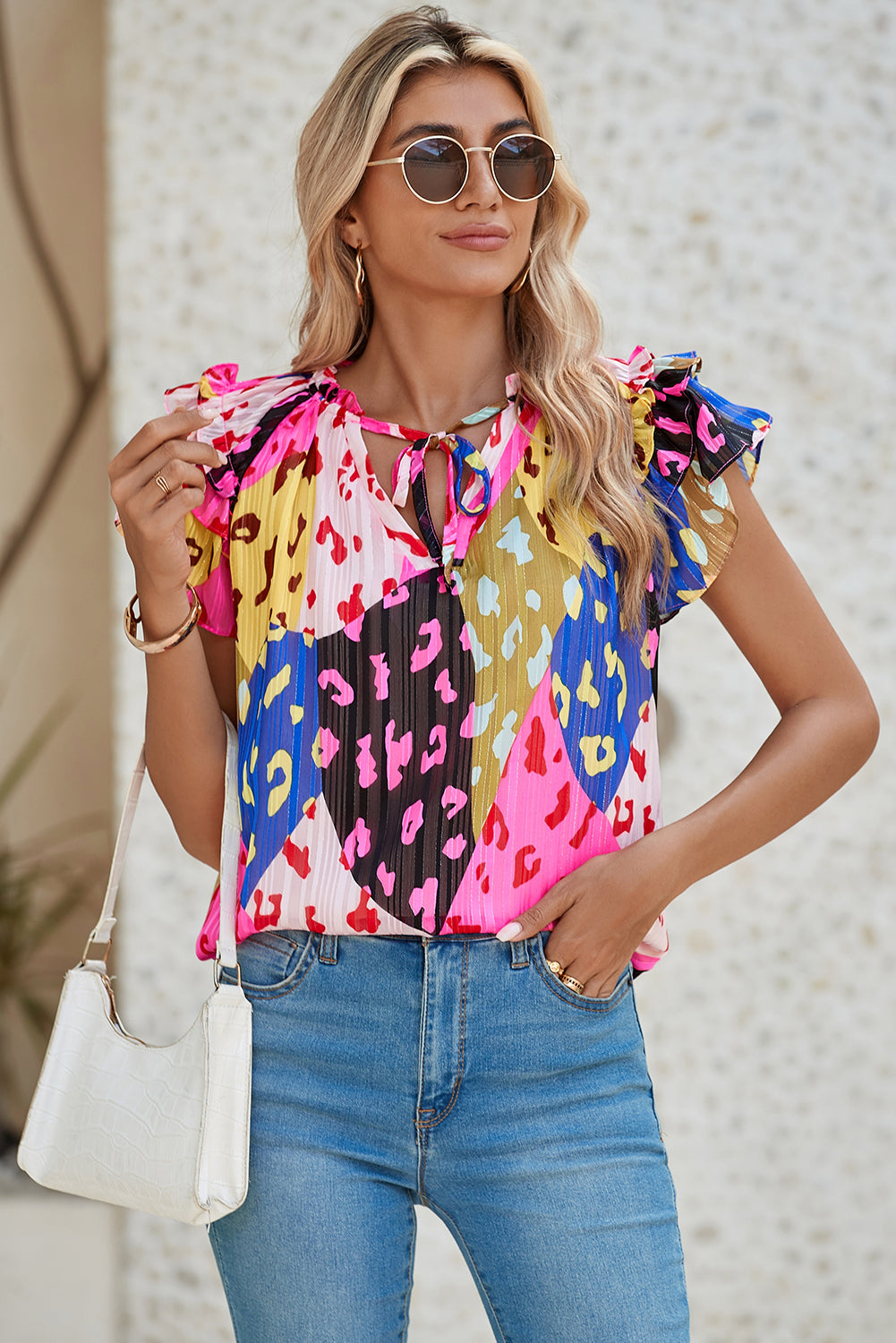 Multicolour Leopard Flutter Sleeve V Neck Crinkled Blouse