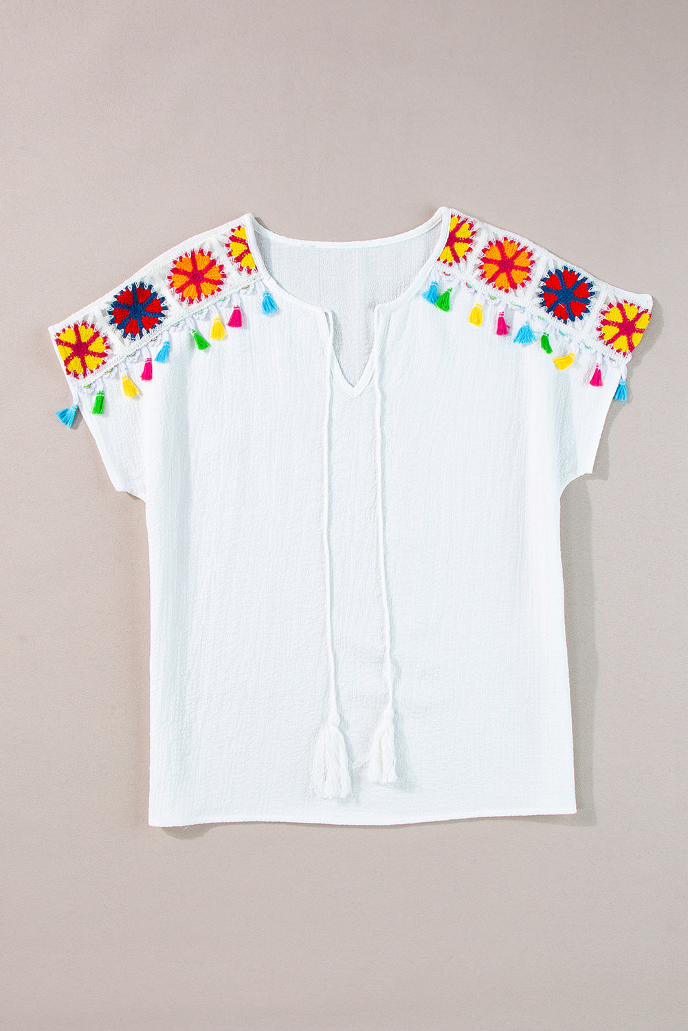 White Boho Embroidered V Neck Fringe Short Sleeve Blouse