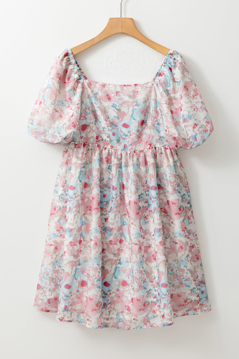 Pink Floral Lantern Sleeve Square Neck Ruffled Mini Dress