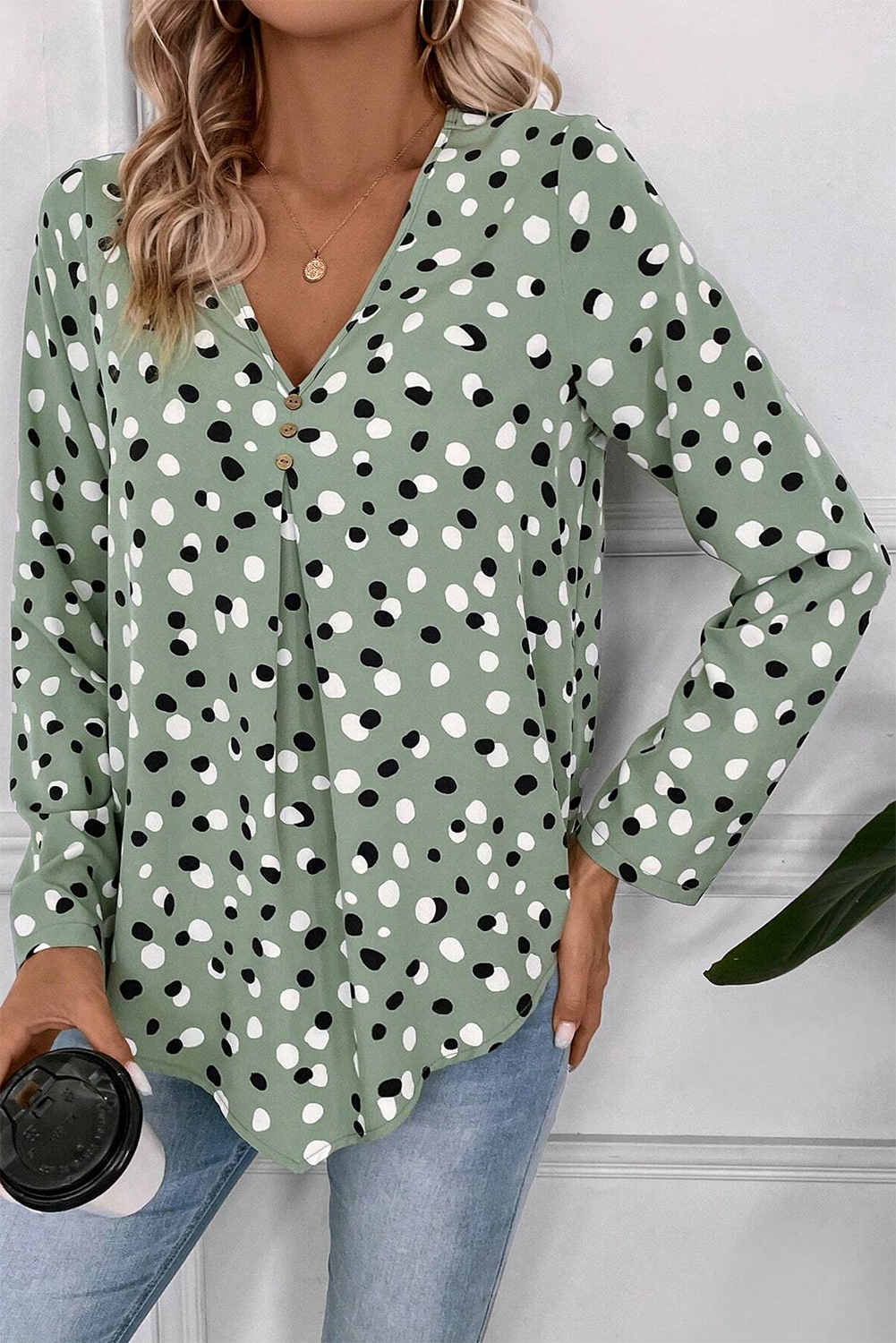 White Dotted Print V Neck Long Sleeve Blouse