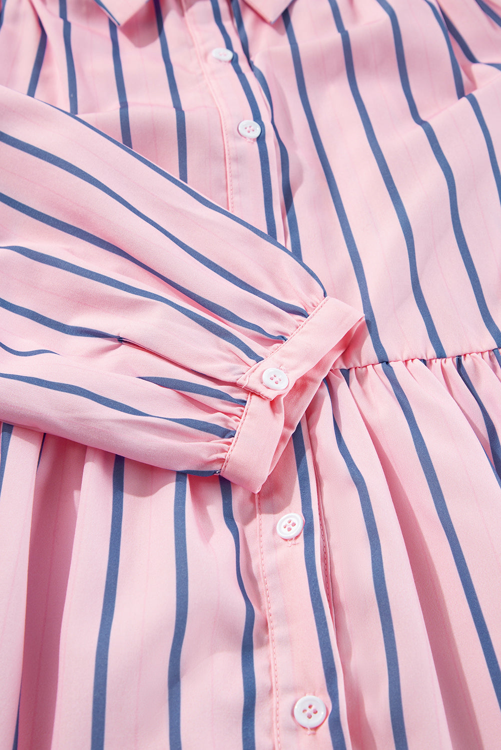 Pink Stripe Ruffled Hem Button-up Collared Shirt Mini Dress