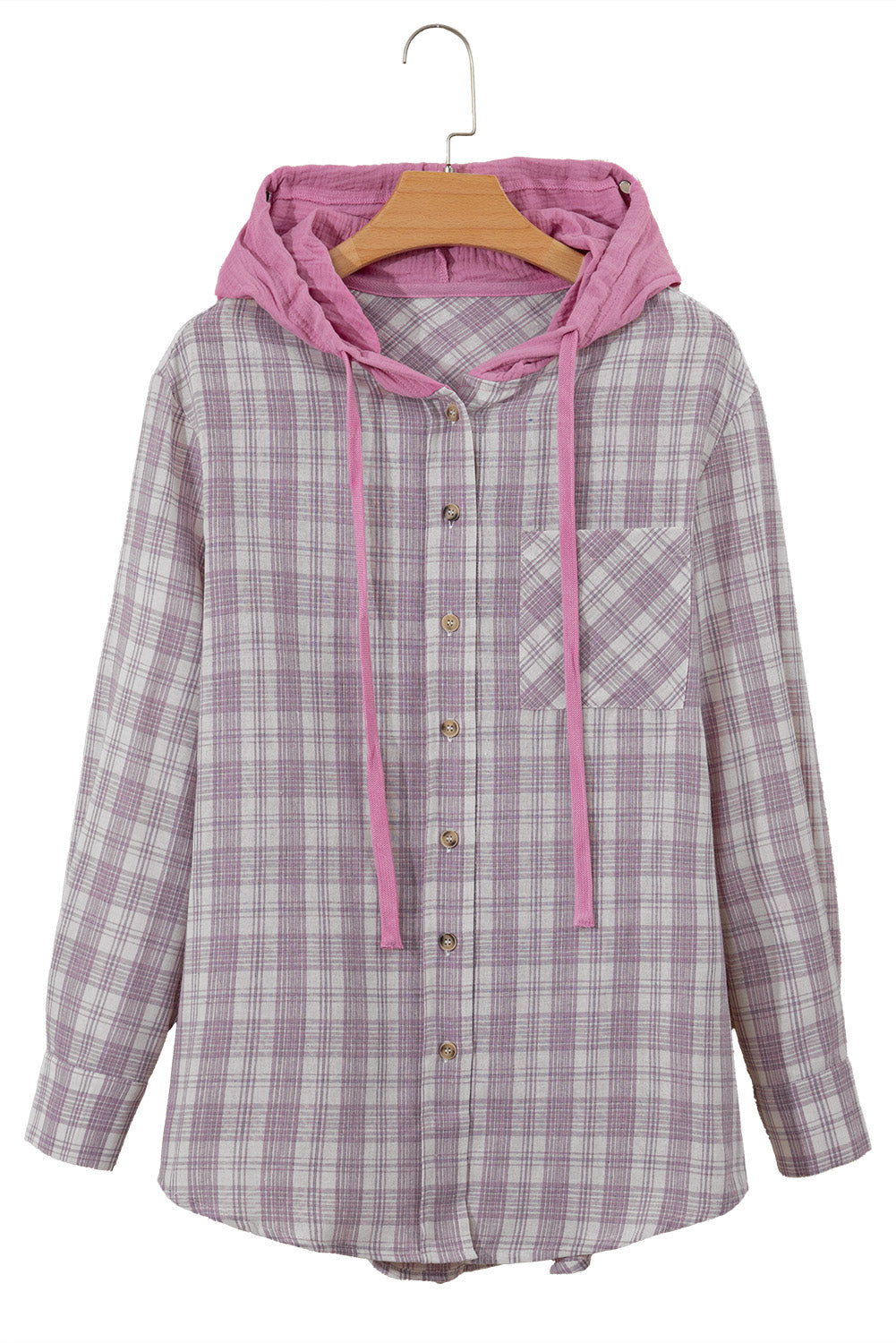 Pink Checkered Print Loose Fit Buttoned Hooded Shacket