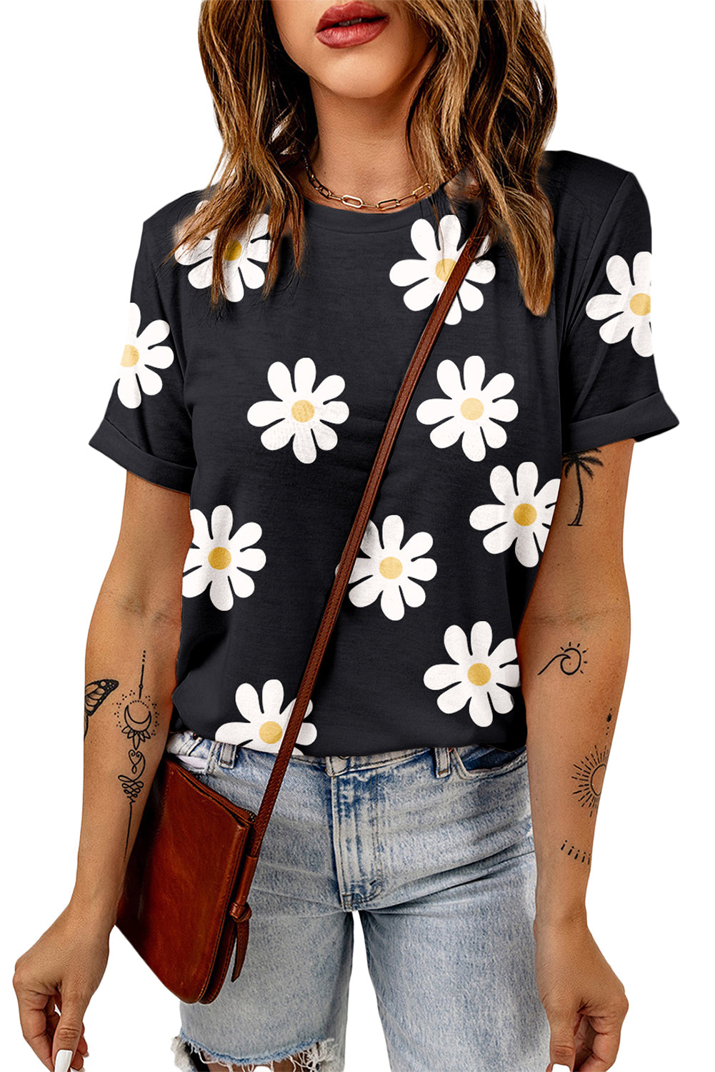 Sky Blue Daisy Print Crewneck T Shirt