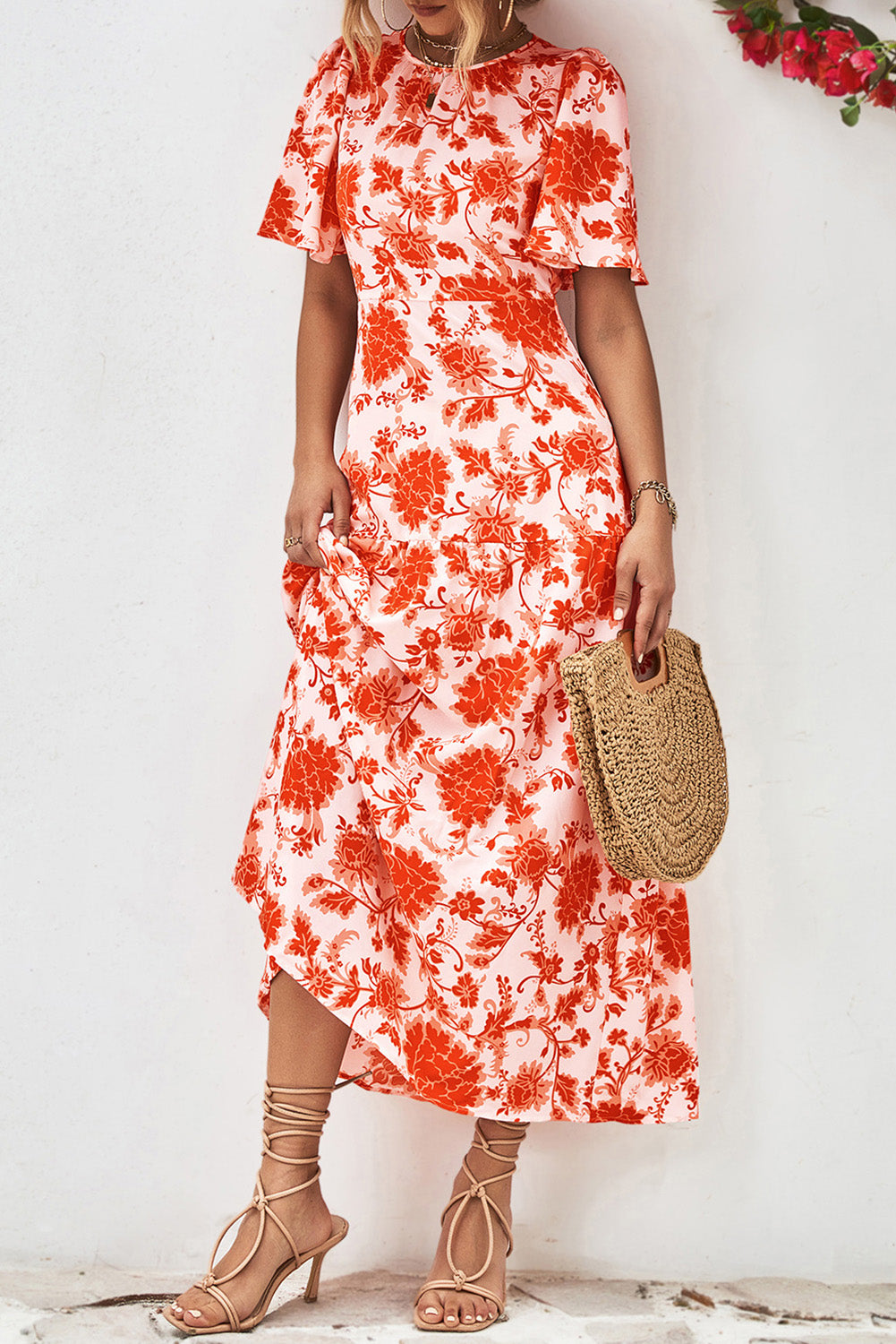 Orange Floral Print Knotted Back Round Neck Maxi Dress