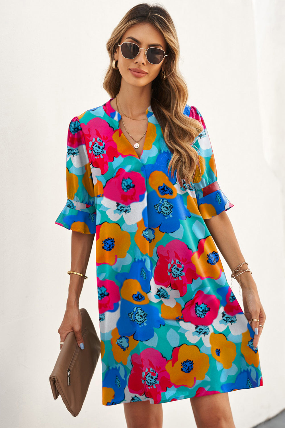 Multicolor Floral Print Mandarin Collar Short Sleeve Tunic Dress