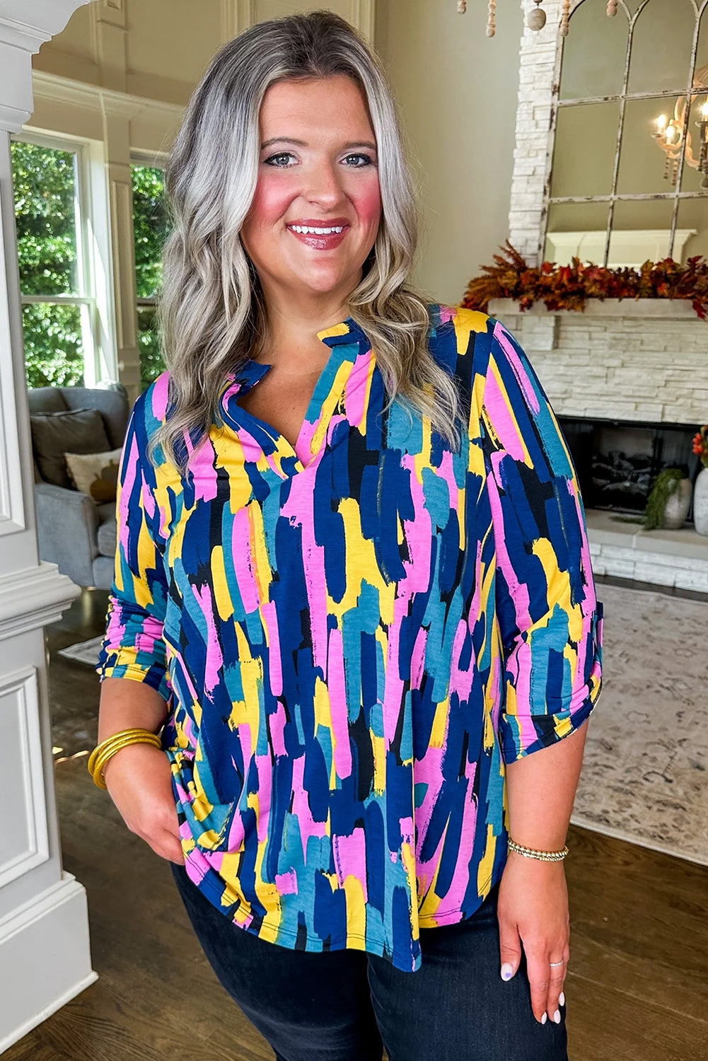 Blue Plus Size Abstract Print 3/4 Sleeve Blouse