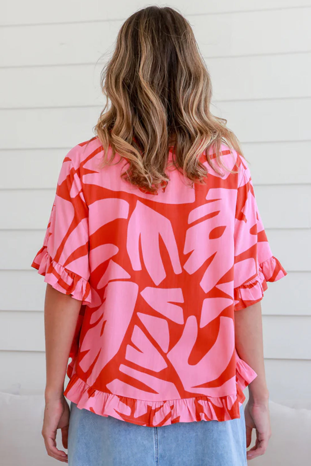 Strawberry Pink Abstract Print Ruffle Hem Tee and Wide Leg Pants Set