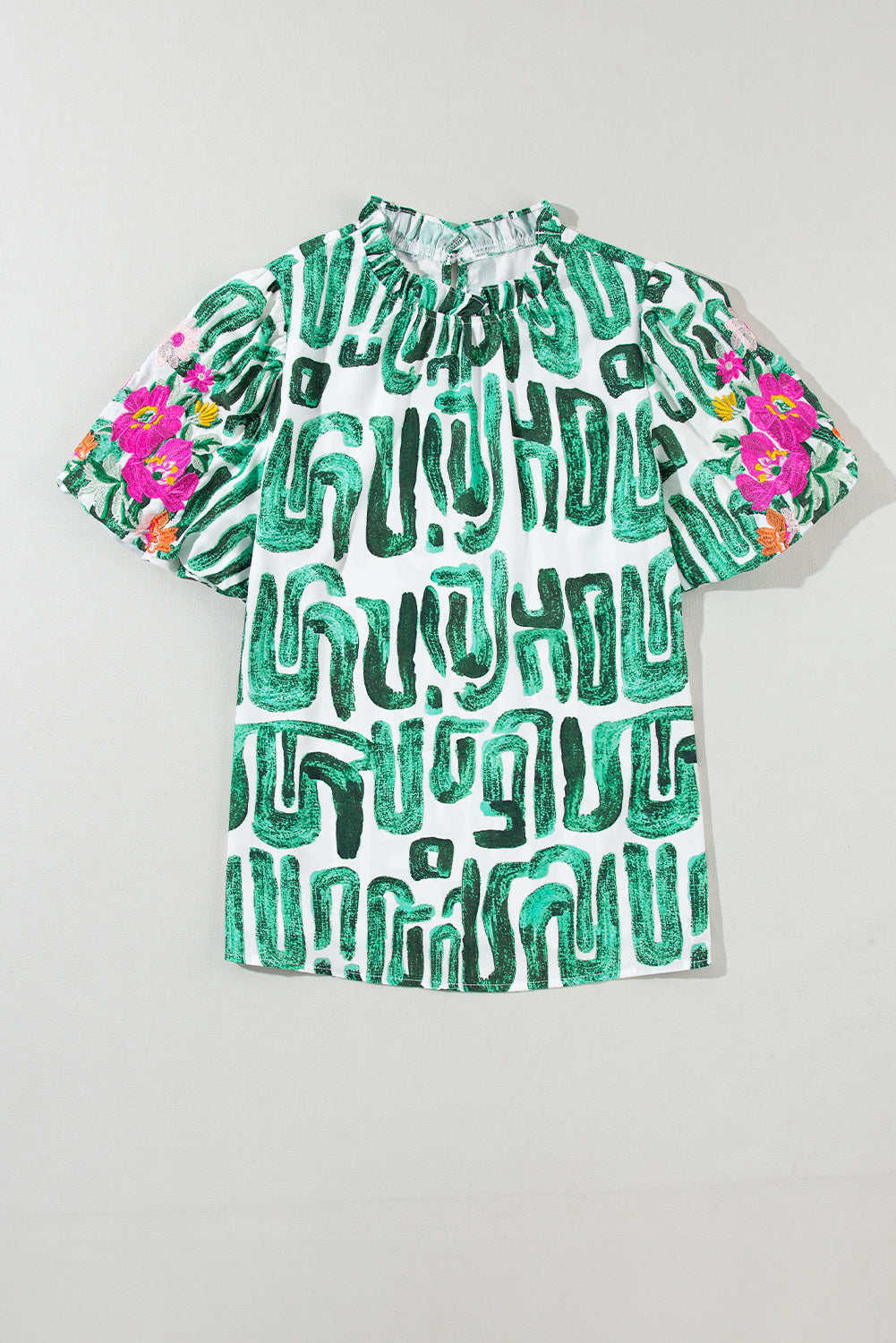 Blackish Green Abstract Floral Print Frilled Neck Puff Sleeve Blouse