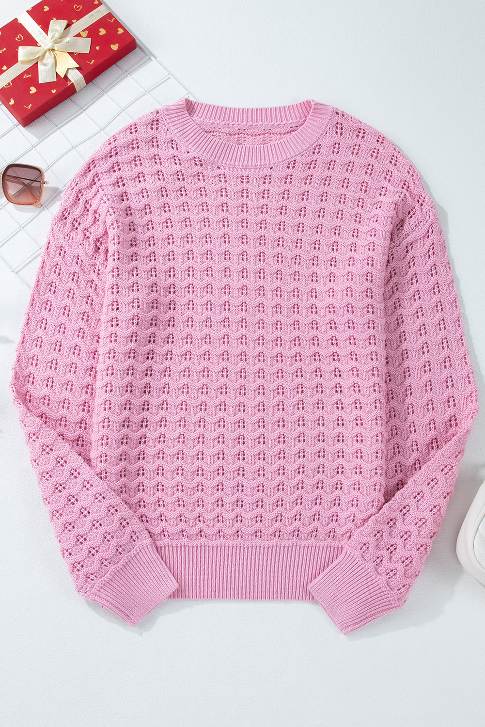 Pink Crochet Knit Drop Shoulder Sweater